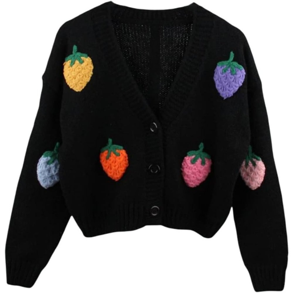 Women's Strawberry Print Button Down Long Sleeve V Neck Crop Cardigan Sweater
